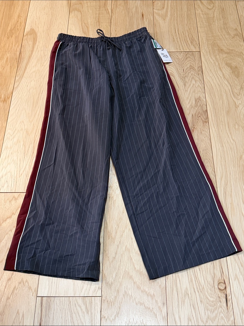 Sincerly Jules Black Pinstripe Wide-Leg Pants with Burgundy Side Stripe